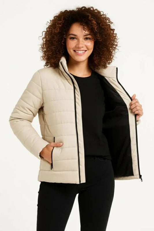 Mikro Su İtici Kapitone Baskılı Astarlı Fermuarlı Bomber Mont - Bej