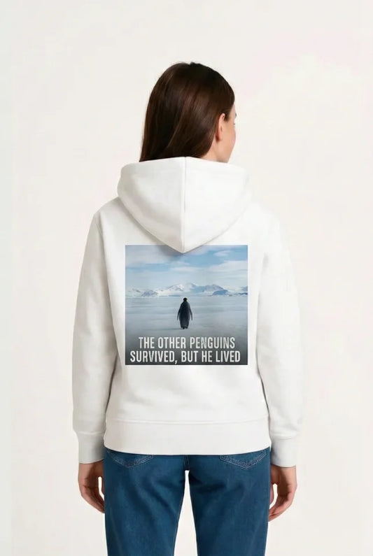 Oversize Hoodie - Sırt Baskılı Survivor Penguin Temalı, Felsefi Yazılı Kapüşonlu Sweatshirt - Beyaz