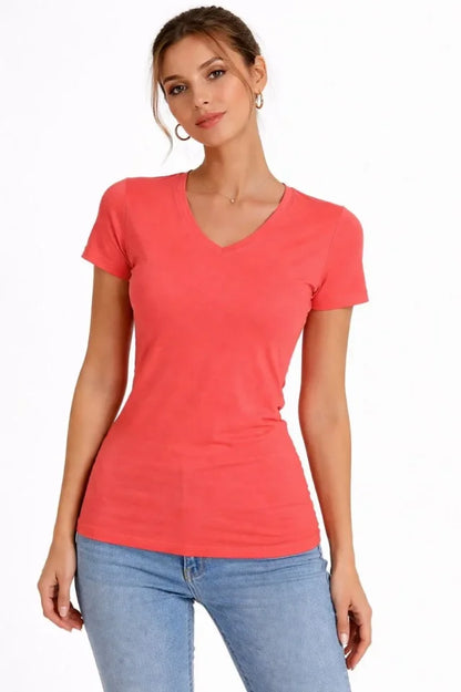 T-Shirt V Yaka Slim Fit Likralı Tişört Günlük Basic Body - Nar Çiçeği