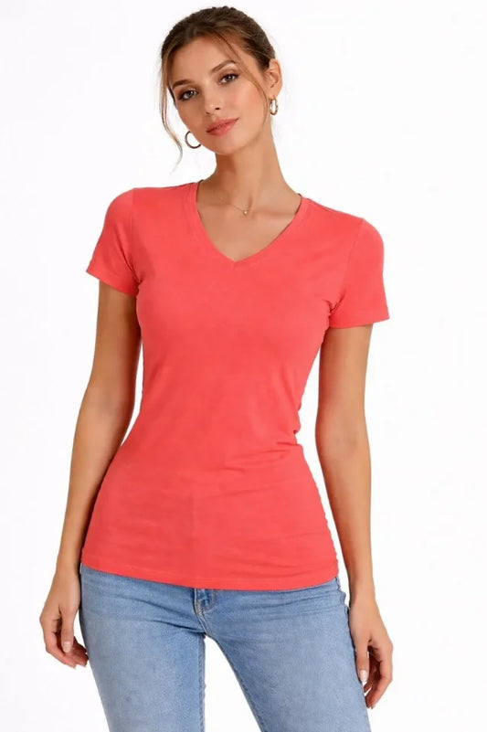 T-Shirt V Yaka Slim Fit Likralı Tişört Günlük Basic Body - Nar Çiçeği