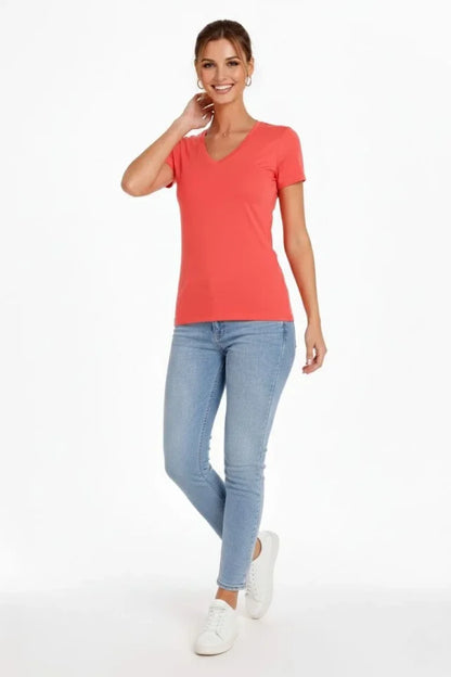 T-Shirt V Yaka Slim Fit Likralı Tişört Günlük Basic Body - Nar Çiçeği