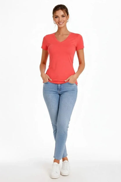 T-Shirt V Yaka Slim Fit Likralı Tişört Günlük Basic Body - Nar Çiçeği