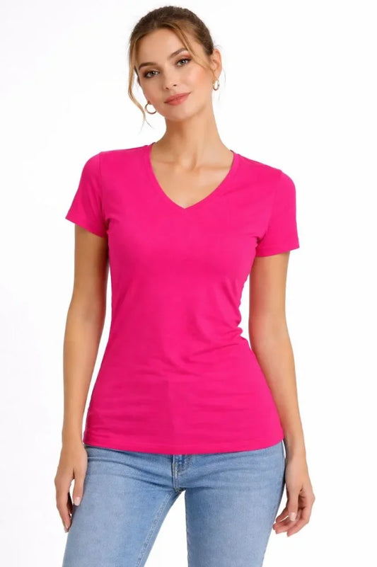 T-Shirt V Yaka Slim Fit Likralı Tişört Günlük Basic Body - Pembe