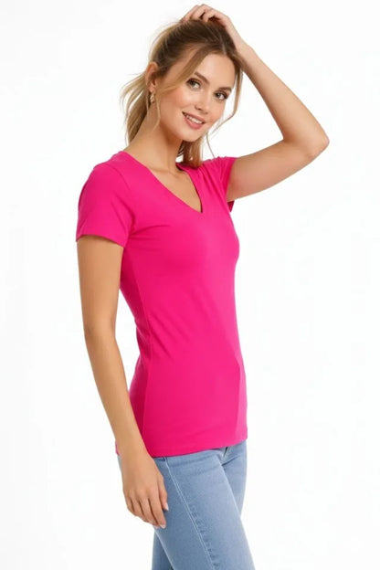 T-Shirt V Yaka Slim Fit Likralı Tişört Günlük Basic Body - Pembe