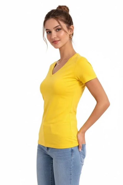 T-Shirt V Yaka Slim Fit Likralı Tişört Günlük Basic Body - Sarı
