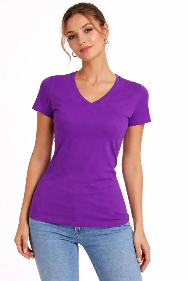 T-Shirt V Yaka Slim Fit Likralı Tişört Günlük Basic Body - Mor
