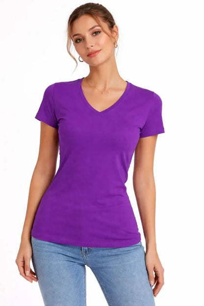 T-Shirt V Yaka Slim Fit Likralı Tişört Günlük Basic Body - Mor
