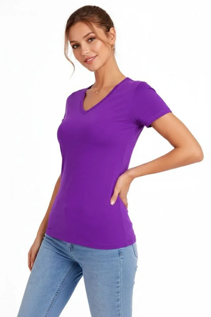 T-Shirt V Yaka Slim Fit Likralı Tişört Günlük Basic Body - Mor