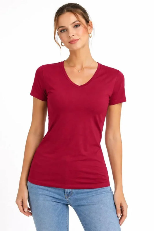 T-Shirt V Yaka Slim Fit Likralı Tişört Günlük Basic Body - Bordo