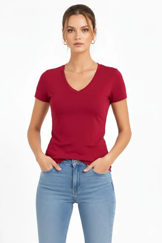 T-Shirt V Yaka Slim Fit Likralı Tişört Günlük Basic Body - Bordo