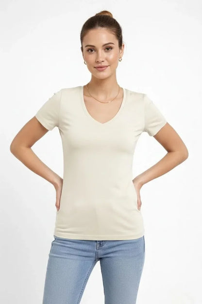 T-Shirt V Yaka Slim Fit Likralı Tişört Günlük Basic Body - Taş