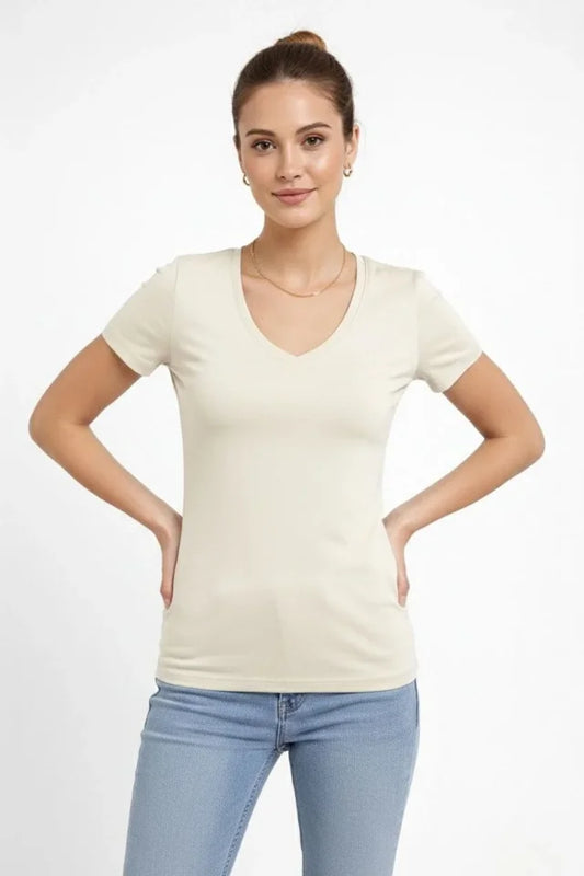 T-Shirt V Yaka Slim Fit Likralı Tişört Günlük Basic Body - Taş