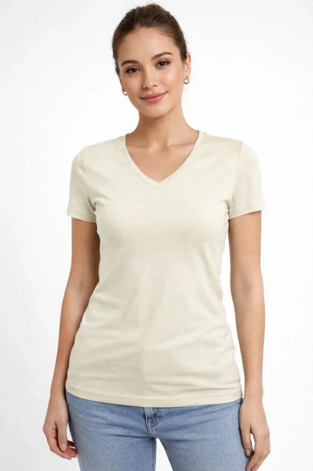 T-Shirt V Yaka Slim Fit Likralı Tişört Günlük Basic Body - Taş