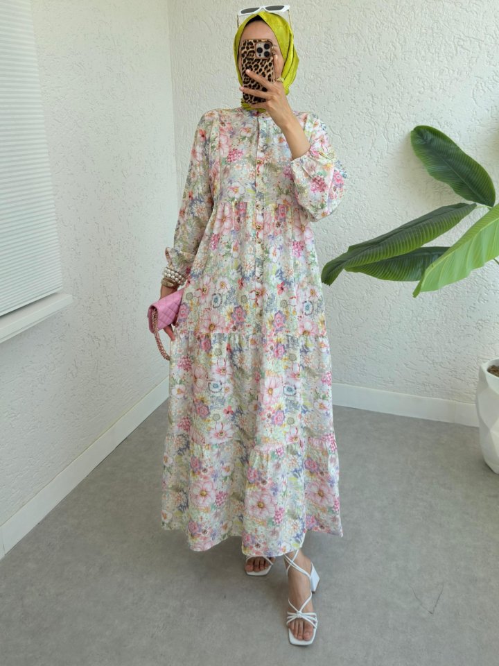 Yarım Düğmeli Kolu Lastikli Çiçek Baskılı Elbise -G.Kurusu