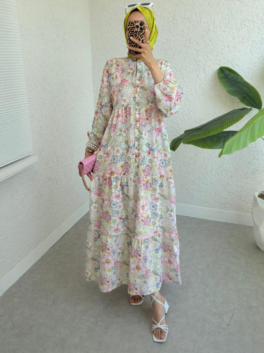 Yarım Düğmeli Kolu Lastikli Çiçek Baskılı Elbise -G.Kurusu