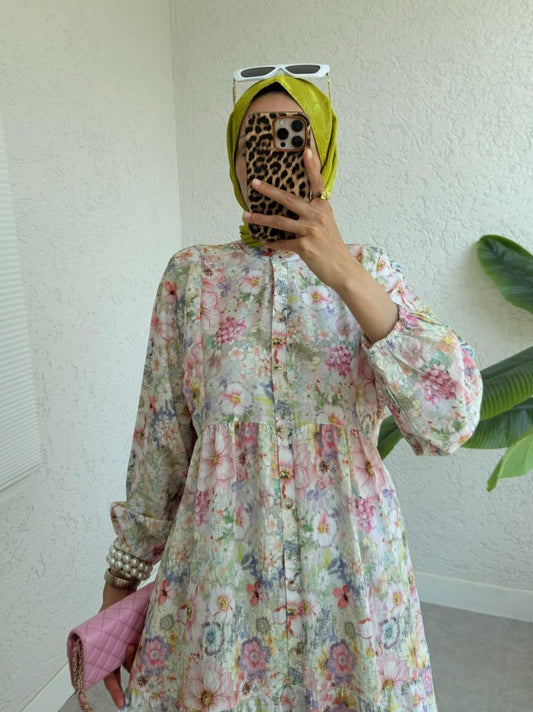 Yarım Düğmeli Kolu Lastikli Çiçek Baskılı Elbise -G.Kurusu