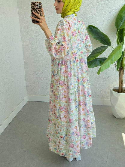 Yarım Düğmeli Kolu Lastikli Çiçek Baskılı Elbise -G.Kurusu