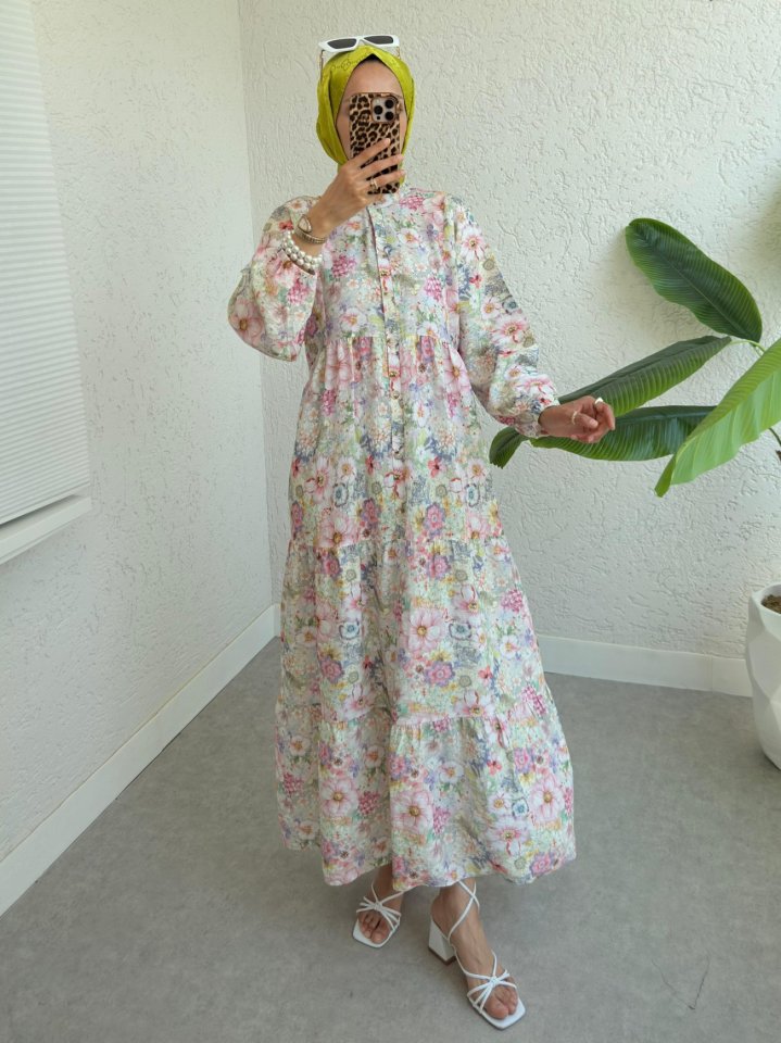 Yarım Düğmeli Kolu Lastikli Çiçek Baskılı Elbise -G.Kurusu