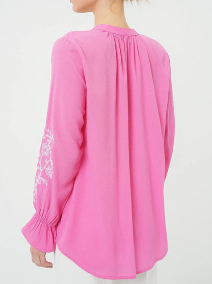 Yakası Bağlamalı Kolu Nakışlı Lastikli Gömlek -Pembe