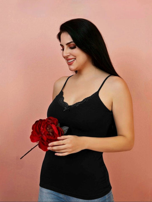 İp Askılı Dantelli Atlet -Siyah