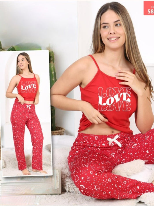 Kalp Desenli İp Askılı Pijama Takımı -Kırmızı