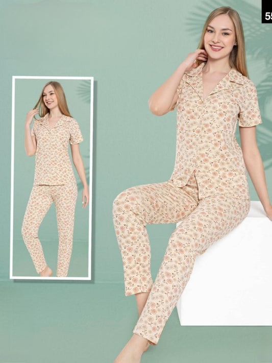 Gül Desenli Düğmeli Pijama Takımı -Somon