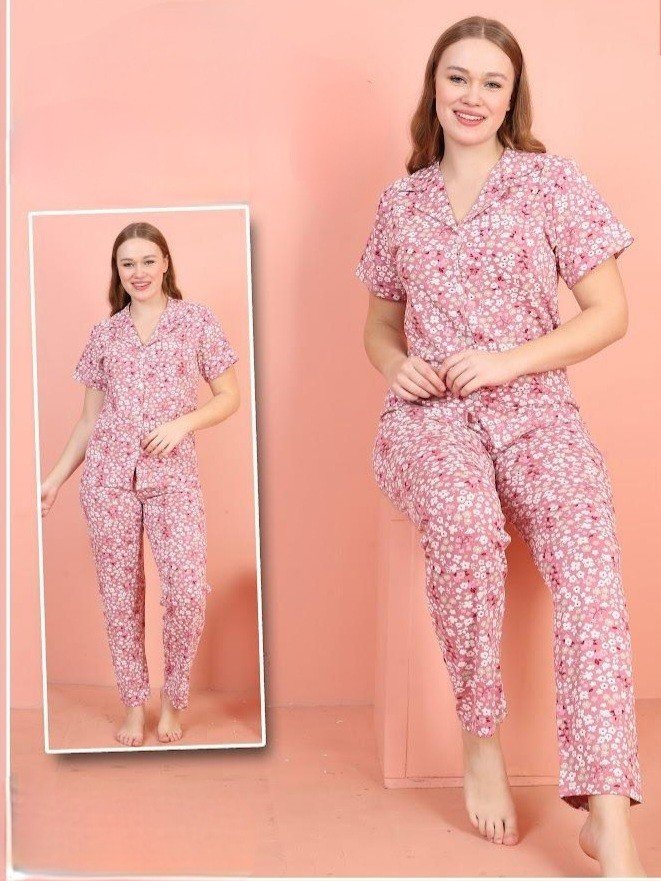 Önü Düğmeli V Yaka Kısa Kollu Pijama Takımı -Pembe