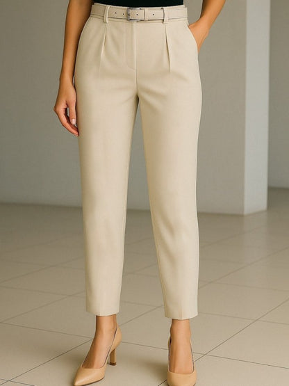 Beli Kemerli Çift Cepli Pantolon-Bej