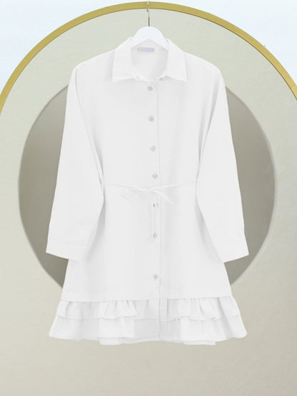 Etek Ucu Katlı Fırfırlı Düğmeli Poplin Gömlek Tunik -Beyaz