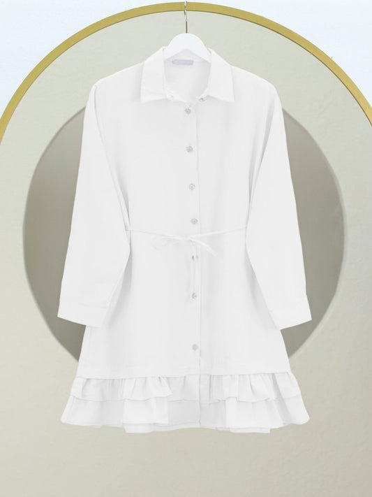 Etek Ucu Katlı Fırfırlı Düğmeli Poplin Gömlek Tunik -Beyaz