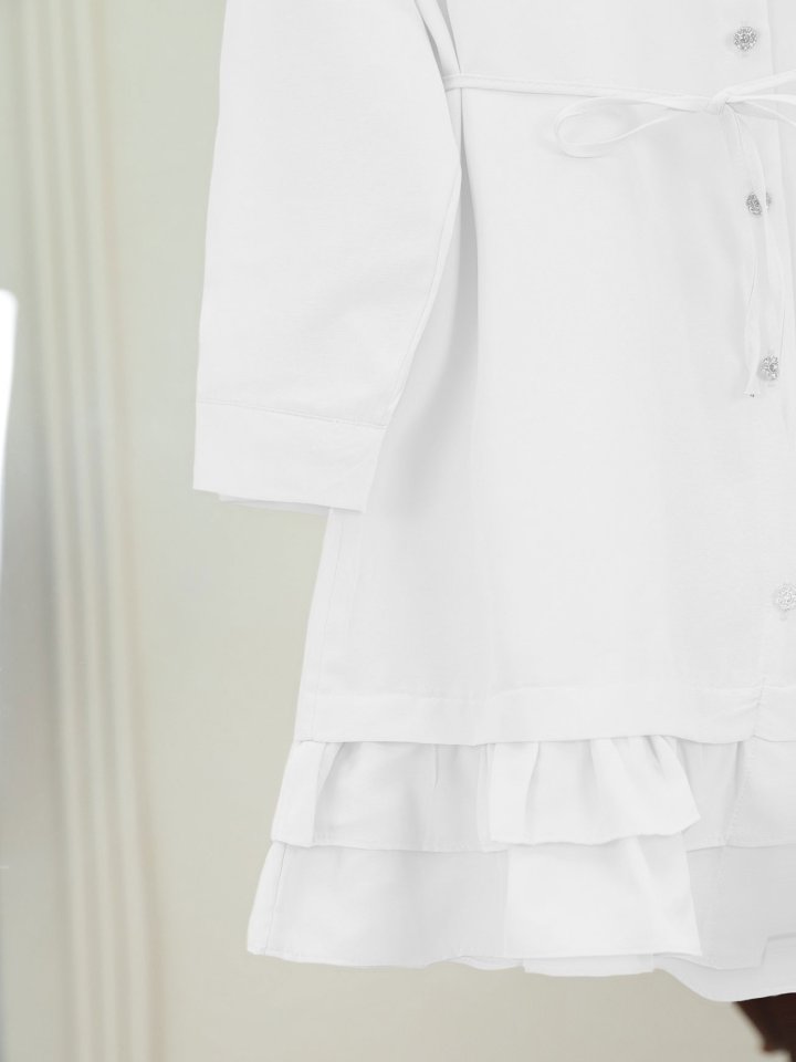 Etek Ucu Katlı Fırfırlı Düğmeli Poplin Gömlek Tunik -Beyaz