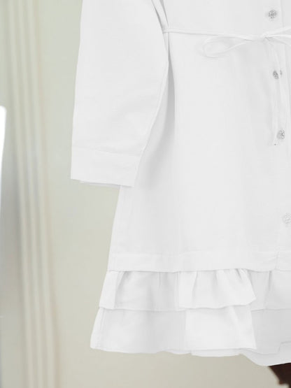 Etek Ucu Katlı Fırfırlı Düğmeli Poplin Gömlek Tunik -Beyaz