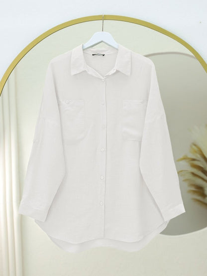 Çift Cepli Oval Kesim Kolu Katlamalı Gömlek Tunik -Beyaz