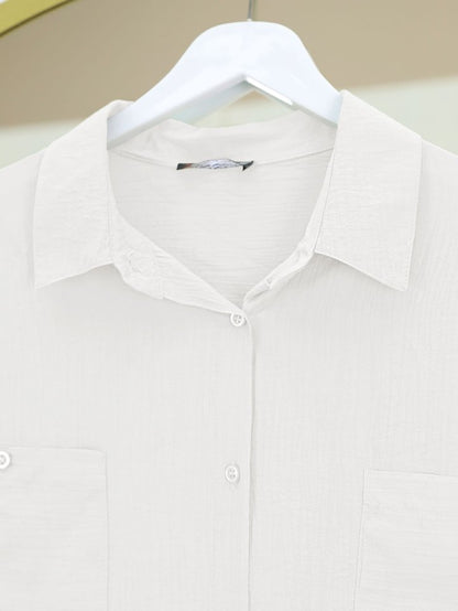 Çift Cepli Oval Kesim Kolu Katlamalı Gömlek Tunik -Beyaz