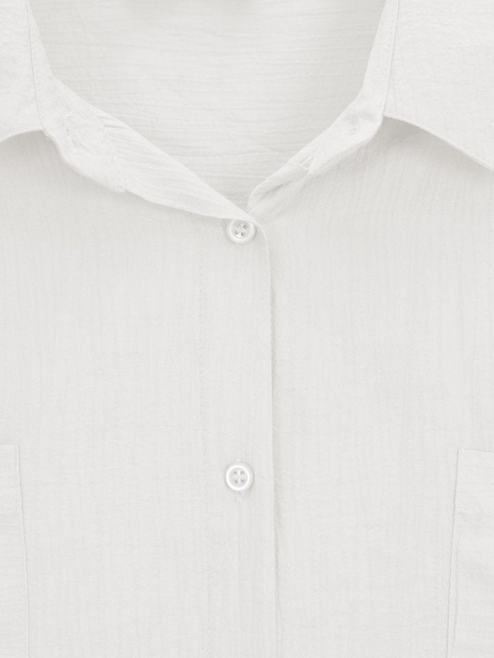 Çift Cepli Oval Kesim Kolu Katlamalı Gömlek Tunik -Beyaz