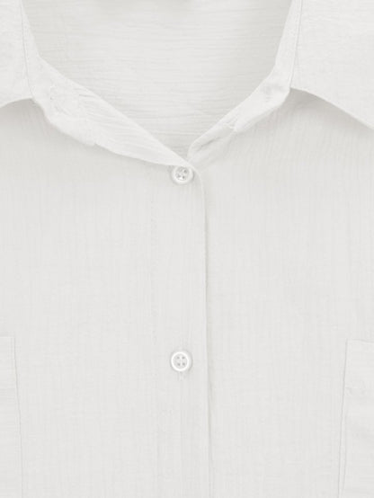 Çift Cepli Oval Kesim Kolu Katlamalı Gömlek Tunik -Beyaz