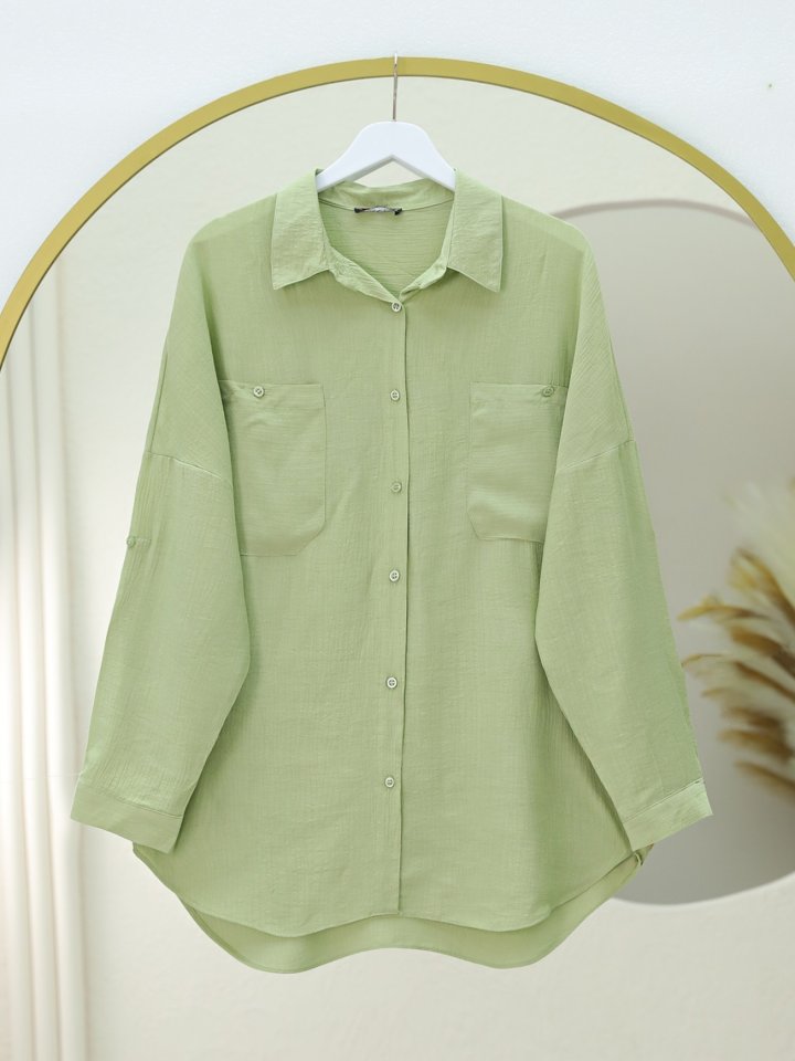 Çift Cepli Oval Kesim Kolu Katlamalı Gömlek Tunik -Çağla Y.