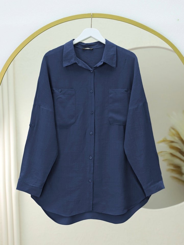 Çift Cepli Oval Kesim Kolu Katlamalı Gömlek Tunik -Laci