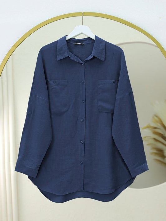 Çift Cepli Oval Kesim Kolu Katlamalı Gömlek Tunik -Laci