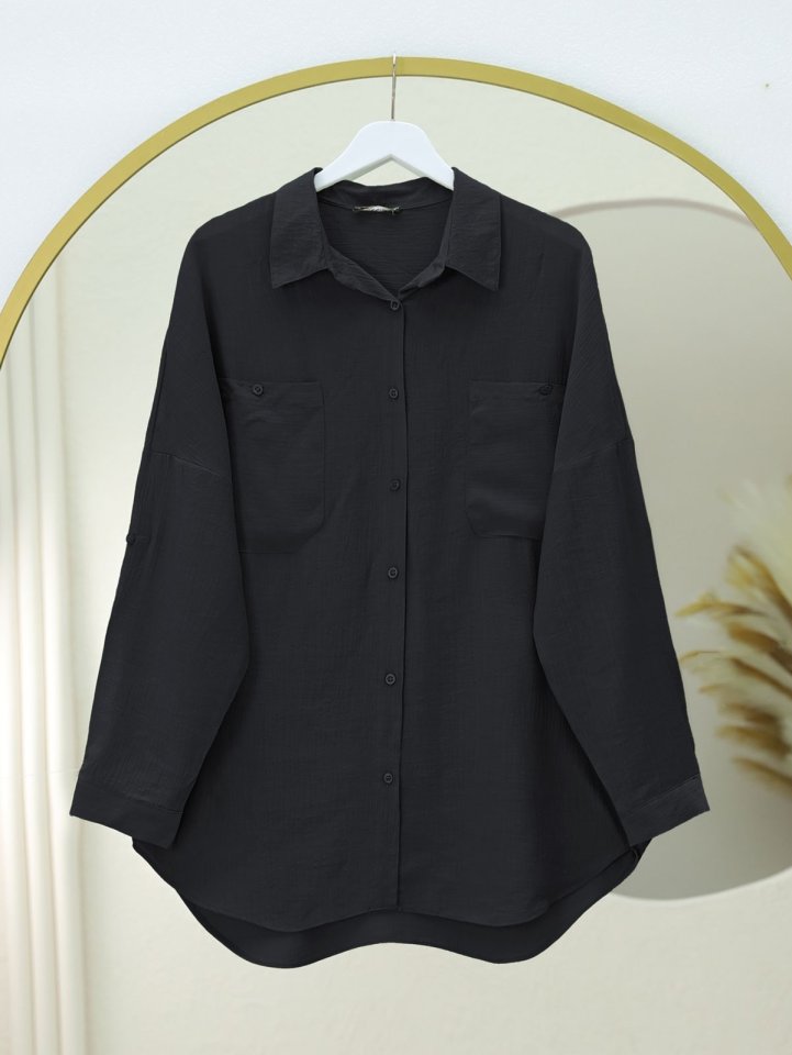 Çift Cepli Oval Kesim Kolu Katlamalı Gömlek Tunik -Siyah