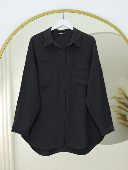 Çift Cepli Oval Kesim Kolu Katlamalı Gömlek Tunik -Siyah