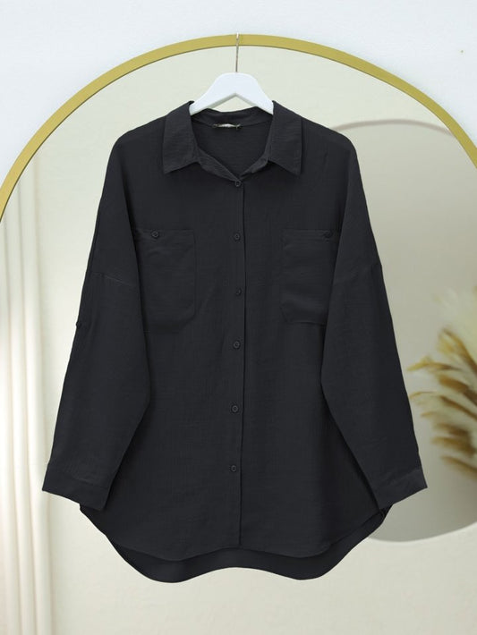 Çift Cepli Oval Kesim Kolu Katlamalı Gömlek Tunik -Siyah