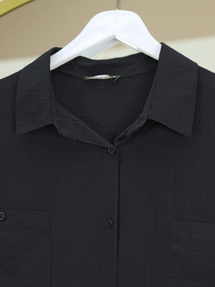 Çift Cepli Oval Kesim Kolu Katlamalı Gömlek Tunik -Siyah