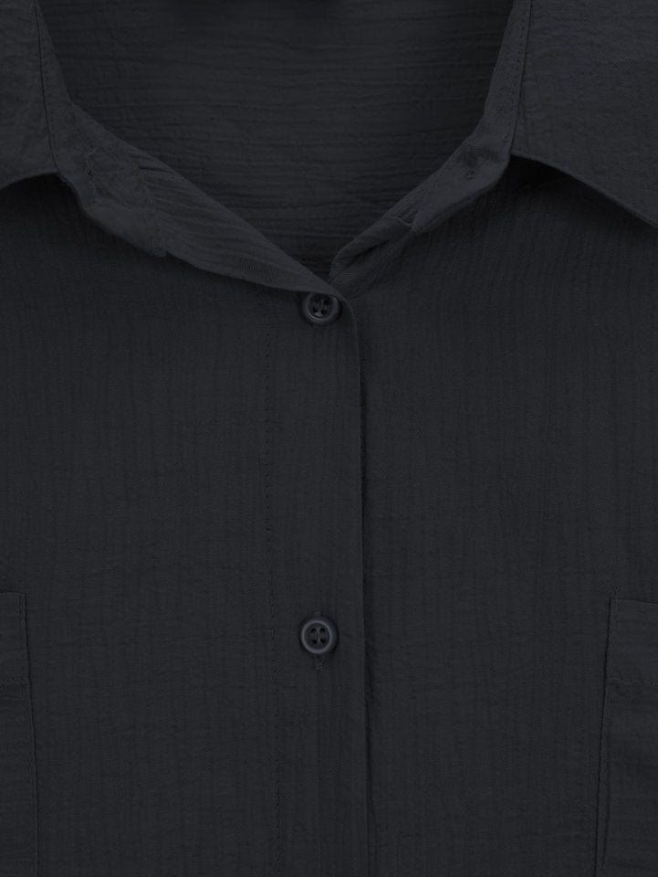 Çift Cepli Oval Kesim Kolu Katlamalı Gömlek Tunik -Siyah