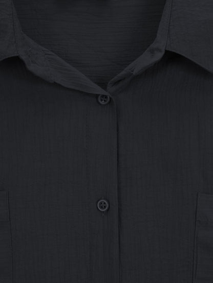 Çift Cepli Oval Kesim Kolu Katlamalı Gömlek Tunik -Siyah