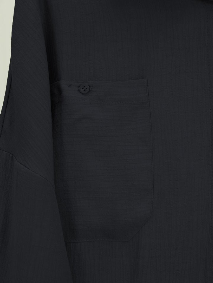 Çift Cepli Oval Kesim Kolu Katlamalı Gömlek Tunik -Siyah