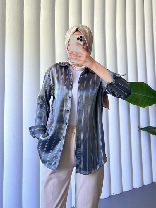Çizgili Janjanlı Gömlek -İndigo