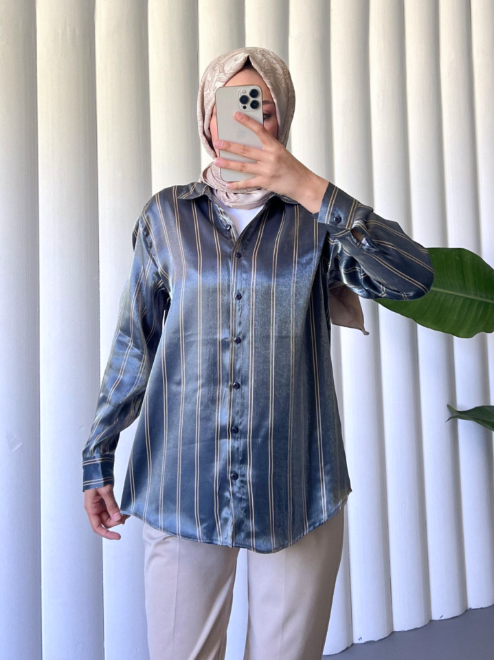 Çizgili Janjanlı Gömlek -İndigo