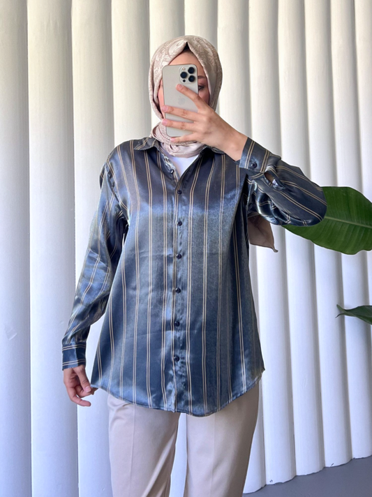 Çizgili Janjanlı Gömlek -İndigo