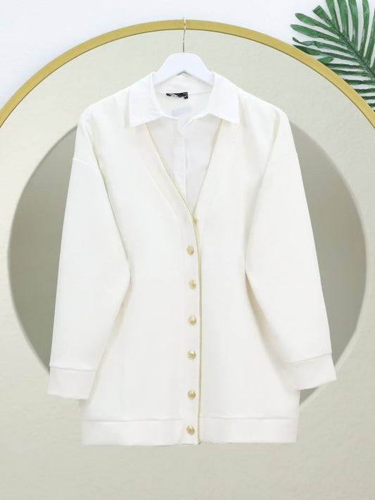 Düğmeli Biyeli Osyho Hırka -Beyaz